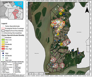 Density of human cases of sporotrichosis and living conditions index (LCI), in the neighborhoods of Belém, Pará State, Brazil, from 2020 to 2022.