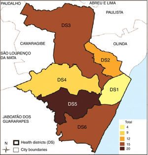 Geographic distribution of children with hemoglobinopathies in Recife City Health Districts.