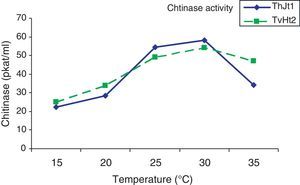 Effect of temperature on chitinase activity of Trichoderma isolates ThJt1 and TvHt2.