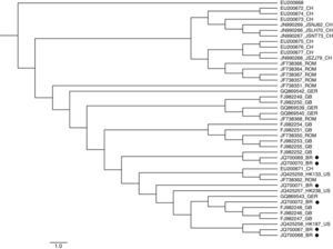 Phylogenetic tree constructed by Bayesian Inference based on complete nucleotide sequences of the VP gene of UTV2. The acronym refers to country of each sequence: BR, Brazil; CH, China; GB, Great Britain; GER, Germany; ROM, Romania; US, United States. All the sequences are represented with the accession number from Genbank. The sequences from this study are marked with a black dot. The trees were statistically evaluated with the posterior probability confidence. An UTV1 sequence (EU200668) was used as outgroup.