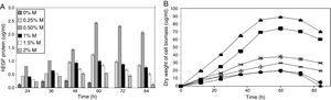A time-course hEGF production and cell biomass of recombinant P. pastoris after being induced by different concentrations of methanol. (A) Effects of different methanol concentrations on hEGF production. (B) Effects of methanol concentrations on growth of the recombinant yeast. Data are means of biological triplicates. 0% methanol (), 0.25% methanol (), 0.5% methanol (), 1% methanol (), 1.5% methanol () and 2% methanol ().