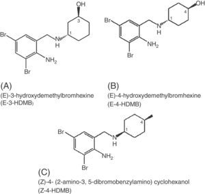 Predicted major hydroxy demethylated bromhexine metabolites.