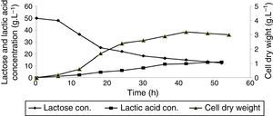Cell dry weight and lactic acid production as well as lactose consumption profile for Lactobacillus delbrueckii subsp. delbrueckii PTCC1333 in a submerged batch culture of deproteinized whey at 37°C with 50rpm agitation speed for 52h.