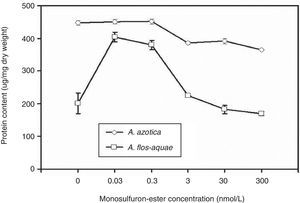 Effect of monosulfuron-ester concentration on protein content of two cyanobacteria.