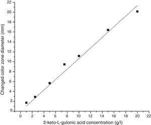 Relationship between 2-keto-l-gulonic acid concentration and the change in the diameter of color zone of bromothymol blue pH indicator on agar plates.