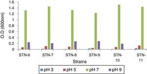pH Optimization of bacterial strains grown in PHA biosynthesis medium at 37°C with constant shaking at 100rpm.