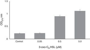 Effect of different concentrations of 3-oxo-C8-HSL on biofilm formation by R. etli RT1 after 24h of growth. Values are means of experiments performed in quadruplicate. Bars represent SEMs (p<0.05).