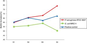 Biofilm formation in different medium conditions. S1, Luria broth; S2, Luria broth supplemented with 10mg/L cefotaxime; S3, Luria broth supplemented with 2mg/L mercuric chloride; S4, Luria broth supplemented with 10mg/L cefotaxime+2mg/L mercuric chloride.