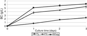 BC production by G. sucrofermentans B-11267 in agitated culture conditions using HS medium (HS), thin stillage (TS) and whey.