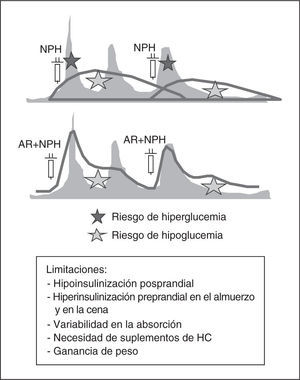 Pautas con 2 dosis de insulina NPH/NPL o mezclas fijas de NPH/NPL con insulina rápida o análogos de rápida (AR). Perfiles de insulinemia (rojo), comparados con los fisiológicos (gris), limitaciones y riesgos. HC: hidratos de carbono.