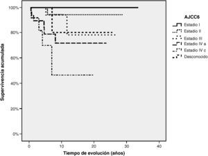 Probabilidad de supervivencia según estadio AJCC 6ª edición, al diagnóstico. (p<0,001).