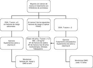 Algoritmo diagnóstico y terapéutico para mujeres con cáncer de mama tratadas con fármacos inhibidores de la aromatasa. DMO: densidad mineral ósea.