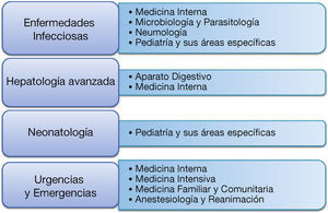 Las cuatro áreas de capacitación específica incluidas en el anexo II del Real Decreto 183/2008, de 8 de febrero, y especialidades desde las que podrán acceder los médicos que estén en posesión del título correspondiente.