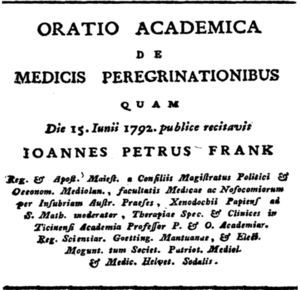Cover page in the first edition of J. P. Frank's De medicis peregrinationibus (1792).