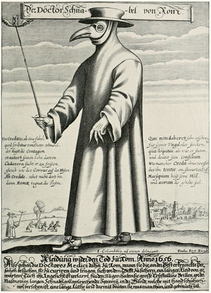 Grabado de Paul Fürst: Der Doktor Schnabel von Rom, con un poema macarrónico satírico en latín/alemán («Vos Creditis, als eine Fabel, / quod scribitur vom Doctor Schnabel»…), 1656. Dominio público. Disponible en: https://commons.wikimedia.org/w/index.php?curid=15677032