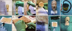 (A) 3D Trachea. (B) and (C) ETT placement in the 3D trachea. (D) Sealing the distal exit of the trachea with paper tape. (E) Fastening the trachea with foam adhesive tape. (F) Connection of ETT with manual air pump. (G) Infiltration of pork belly subcutaneous tissue with artificial blood. (H) and (I) Tunnelling of the pork belly with the help of the dural puncture needle protector. (J) Placement of iv infusion set connected to artificial blood and to the pressurizer. (K) Final result.