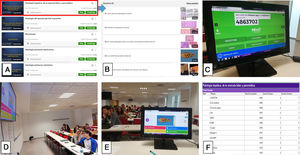 Representación de la actividad. A) Temas utilizados. B) Preguntas del tema de enfermedad hepática, de la vesícula biliar y pancreática. C) Introducción del código numérico de la actividad y formación de los equipos. D y E) Desarrollo de la actividad en el aula. F) Resultados.