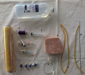 Materials needed. 1. 1 liter bag of saline solution. 2. Cotton thread and needle. 3. 20 ml Syringe. 4. Irrigation line. 5. 3-way-stopcocks. 6. Line extension. 7. Plastic wrap. 8. Cubic piece of pork ham. 9. Latex rubber tourniquets. 10. Aluminum wire.