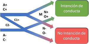 A la izquierda se ubican las variables actitudinales y de control percibido, ambas de predominio cognitivo. A la derecha se ubica la influencia de otros constructos: normas, motivación y oportunidad. En la zona superior se ubican factores positivos o favorables, que orientan hacia la intención de utilizar el modelo (intención de conducta). Abajo, factores negativos o desfavorables a la intención de utilizar el modelo (no intención de conducta). Se destacan 2 variables de control percibido que son: dinámicas (línea diagonal en medio), C1+ (control percibido creciente), a medida que va pasando el tiempo el control percibido mejora; y C2- (falta de conocimiento teórico), a medida que avanza la residencia dicha percepción va disminuyendo. En nuestro estudio, los residentes solo describieron motivaciones a la toma de una decisión deliberada que orientaban hacia la conducta, por lo que M se muestra sin signo y se ubica en posición superior.