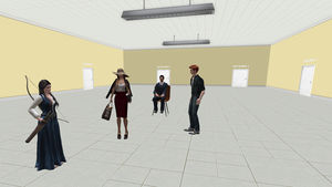 Capturas de pantalla de diferentes escenas en el mundo virtual durante el estudio. A) Estudiantes en el punto de acceso a la isla, esperando para entrar en las salas ECOE (azul, amarilla, verde y violeta) e interactuando con el sillón correspondiente. B) Distribuidor de la sala ECOE amarilla, con varios avatares; uno de ellos está sentado en la silla utilizada como estación 7 de descanso. C) Estudiante revisando un caso en una estación ECOE, donde se observa el panel en la pared con el supuesto clínico, un monitor con una radiografía de tórax y, al fondo, un equipo de TC y uno de rayos X. D) Estudiante trabajando en una estación ECOE, con un monitor que muestra una radiografía de tórax y, al fondo, un equipo de TC.