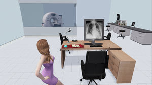 Capturas de pantalla de diferentes escenas en el mundo virtual durante el estudio. A) Estudiantes en el punto de acceso a la isla, esperando para entrar en las salas ECOE (azul, amarilla, verde y violeta) e interactuando con el sillón correspondiente. B) Distribuidor de la sala ECOE amarilla, con varios avatares; uno de ellos está sentado en la silla utilizada como estación 7 de descanso. C) Estudiante revisando un caso en una estación ECOE, donde se observa el panel en la pared con el supuesto clínico, un monitor con una radiografía de tórax y, al fondo, un equipo de TC y uno de rayos X. D) Estudiante trabajando en una estación ECOE, con un monitor que muestra una radiografía de tórax y, al fondo, un equipo de TC.