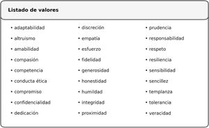 Listado de valores profesionales incluidos en el cuestionario.