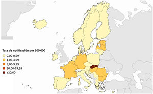 Casos confirmados de hepatitis A por cada 100.000 habitantes en Europa, 20237.