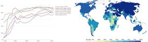 Proporción de niños de un año vacunados contra la difteria, el tétanos y la tos ferina. Mapa de 2023. Fuente: WHO & UNICEF (2024)6.