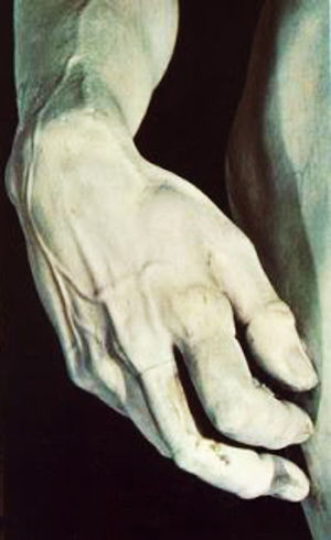 Presencia de nódulo de Garrod en el primer dedo de la mano derecha del David de Miguel Ángel.