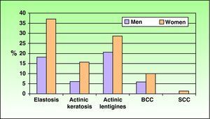 Actinic damage according to sex. BCC indicates basal cell carcinoma; SCC, squamous cell carcinoma.