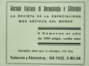 Advertisement for the Giornale Italiano de Dermatologia e Sifilologia in the May 1940 issue of Actas Dermo-Sifiliográficas. The Giornale, which is the oldest dermatological journal in the world, began publishing in 1866, although its original name was later changed.