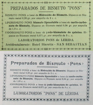 Bismuth salts were an alternative to Salvarsan in the treatment of syphilis during the first half of the 20th century. The advertisement shown in the upper panel of the figure appeared in the first issue of Actas to appear after the outbreak of war (October 1937). It advertises 3 products made by the Pons laboratories of Lleida. The advertisement contains the indication that the company has been temporarily relocated to the Hotel Biarritz in San Sebastian. In the lower panel we see the same advertisement after the war ended in 1939, at which time this indication no longer appears.