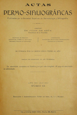 Cover pertaining to the second volume of Actas Dermo-Sifiliográficas published during the 1910-1911 academic year. This cover shows the discrepancy between the publication year, which corresponded to the academic year, and the volume numbering. This situation persisted until 1926, and may have given rise to confusion in references citing early articles published in Actas.