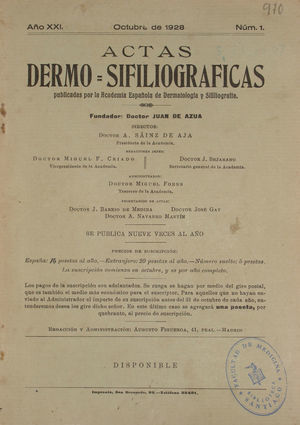 Cover of the October 1928 issue of Actas Dermo-Sifiliográficas. The 1928-1929 volume is of particular interest because the number of issues published per year increased from 6 to 9, as can be seen from this cover.