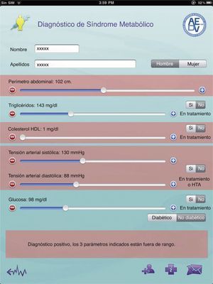 Metabolic syndrome calculator. Pathologic items are highlighted in red. See text for a description of the functions.