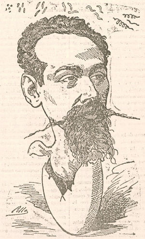 Caricature of Antonio Mendoza, microscopist at Hospital de San Juan de Dios in Madrid, published in a magazine of medical satire, El Doctor Sangredo. The egg Mendoza is hatching from is a reference to cytology, and bacteria (cocci, rods, and spirilla) can be seen along the upper edge of the drawing.