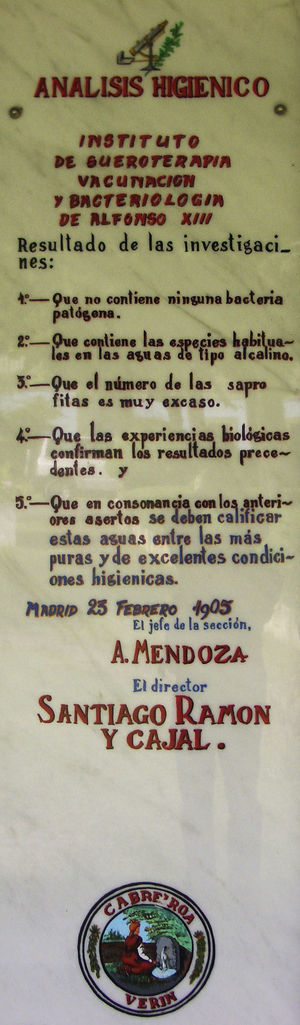 Plaque commemorating an analysis of the waters at the Cabeiroá spa in Verin, in the province of Ourense, in 1905. Antonio Mendoza signed the analysis in his capacity as a member of the staff of the Instituto Alfonso XIII, directed by Santiago Ramon y Cajal.