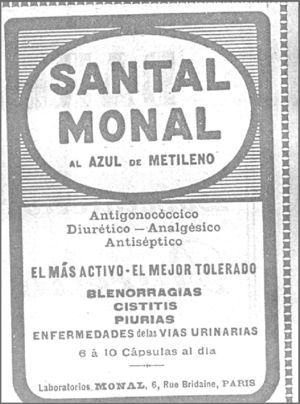 Santal Monal methylene blue as a treatment for gonorrhea.