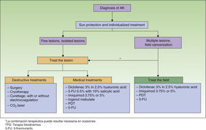 Treatment algorithm for actinic keratosis. CO2 indicates carbon dioxide; 5-FU, 5-fluorouracil; PDT, photodynamic therapy.
