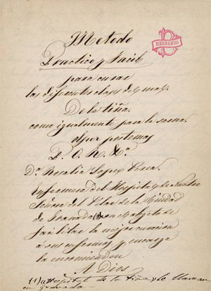 First page of the manuscript written by Doña Rosalía López Perea. Notice the library seal of Dr. Benito Hernando Espinosa, who was a distinguished Granadan dermatologist. Library of the Faculty of Medicine, Universidad Complutense de Madrid.