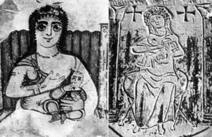 On the left, Isis nursing Horus in a third-century Coptic depiction. On the right, an image of the Virgin and Child carved on a fifth-century Egyptian tomb.