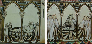 Scenes illustrating Cantiga 54. On the left, the monk afflicted with a disease that causes tumors on his face lies wrapped in a shroud. On the right, the monk is awake, restored to health after the miracle. © by Patrimonio Nacional.