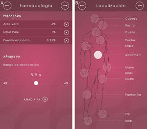 Dermacomp screenshots relating to: (A) active ingredients and dose ranges and (B) lesion site.