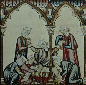 This highly detailed illustration for Cantiga 105 shows the moment when the woman's genitals are mutilated by her husband with a blade while she is held firmly by women dressed in the Islamic fashion. The image comes from the Rich Codex (Códice Rico) of the Cantigas of Holy Mary of Alfonso X the Learned. The codex is held in the library of the Monastery of El Escorial and is reproduced here with permission. © by Patrimonio Nacional.