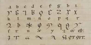 The alphabet used in Lingua ignota, the still undeciphered language Hildegard constructed.