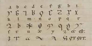 The alphabet used in Lingua ignota, the still undeciphered language Hildegard constructed.