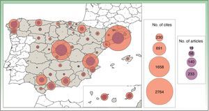 Map of scientific output and impact of research in clinical medicine in dermatology according to Spanish provinces. The numbers of publications and cites accumulated are represented by proportional concentric circles.