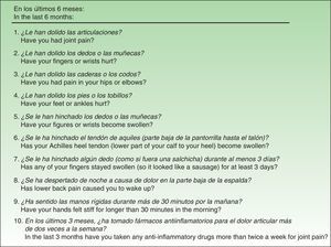 Items in the Spanish version of the Early Arthritis for Psoriatic Patients questionnaire after translation and cultural adaptation. (Translator's note: The non-validated English translations shown below each Spanish item are for information purposes only.)
