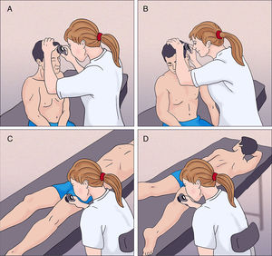 A and B, Examination of the scalp and face with the patient seated on the stretcher. C and D, Examination of the anterior and posterior surfaces of the lower limbs.