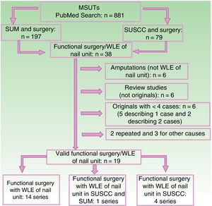 Flow chart showing the different stages in the literature search for publications on functional surgery with WLE of the nail unit in MSUTs. WLE indicates wide local excision; MSUT, malignant subungual tumor; SUM, subungual melanoma; SUSCC, subungual squamous cell carcinoma.